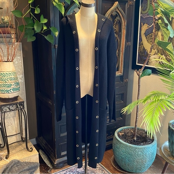 Venus Black Cable Knit Gold Grommet Hooded Plus Size Duster Sweater Coat - Picture 1 of 16